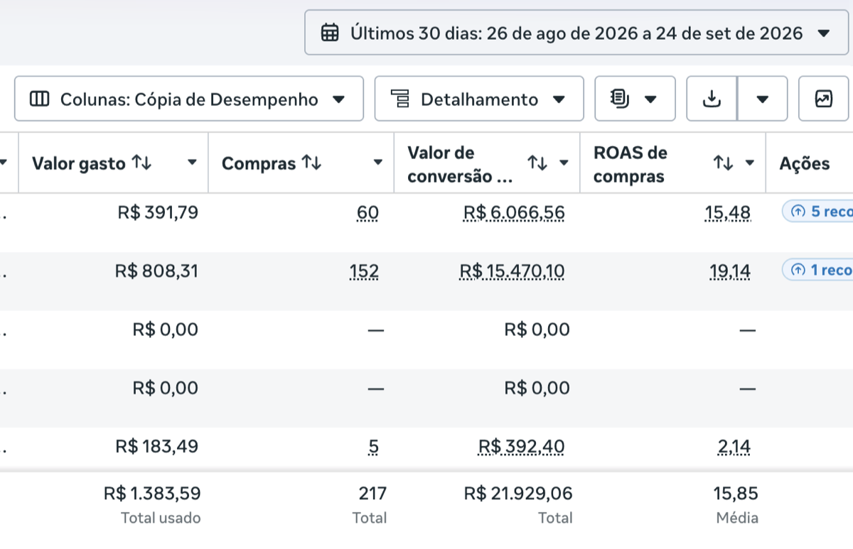 Meta Ads, 30 dias: R$1.383 investido, R$21.929 em vendas, ROAS 15,85