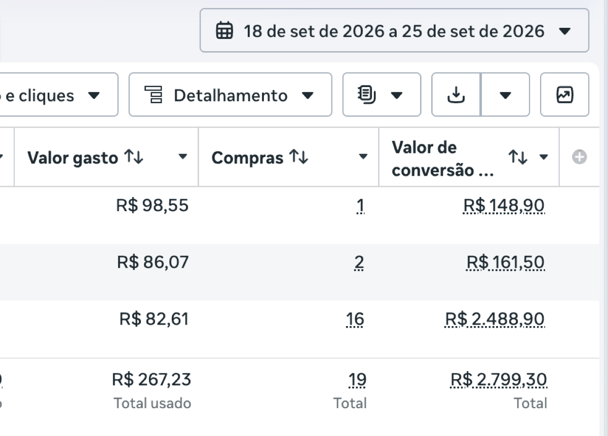 Meta Ads, 7 dias: R$267 investido, R$2.799 em vendas